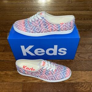 Keds Champion Lace Up Sneakers Neon Pink & Blue Women’s 8 Softerra Woven Twill